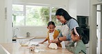 Baking, family and dough roll of kids with happy mother helping a kitchen. Home, support and mama with cooking and children together with teaching and food to bake cookies in a house with care
