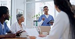 Woman, doctor and tablet with question in meeting for coaching, ideas or teamwork at the office. Female person, nurse or mentor training staff with technology for medical strategy or planning surgery