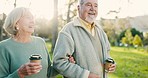 Senior couple, coffee and park walk with love, discussion and smile outdoor. Conversation, hot drink and marriage of elderly people together on a happy date in nature with communication in garden