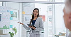 Business woman, tablet and presentation on glass board in marketing strategy, analytics or statistics at office. Female person or employee coaching or training staff on company data, mission or goals