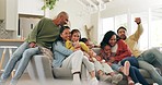 Happy, relax and a big family on the sofa for love, hug or care together in the living room. Smile, house and parents with children on the lounge couch for bonding, quality time and fun with kids
