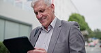 Tablet, smile and a senior business man laughing at a meme while outdoor in the city on his morning commute. Technology, research and a mature male CEO or manager searching for a funny post online