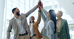 Business people, high five and collaboration applause, teamwork support or goals, success and celebration. Circle, corporate motivation and happy group of men and women with hands together of mission