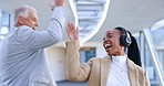 Headphones, music and business woman dance with high five in office walking with motivation. Company, African female worker and web radio listening to audio feeling happy with freedom and excited