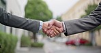 City, business and men with handshake, closeup and offer with partnership, welcome and thank you. Zoom, shaking hands and teamwork with agreement, collaboration and recruitment with a corporate deal