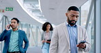 Walking, business people and phone in airport to check travel, booking or flight schedule information on mobile app. Businessman, reading and typing on smartphone with team, group and technology
