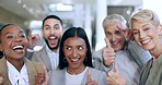 Business people, thumbs up and face with teamwork, celebration and success, like and peace sign in workplace. Corporate staff, internship diversity and executive support, group portrait and ok emoji