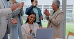 Laptop, winner or happy businesswoman with business people clapping for stock market in office. High five, wow or happy trader in celebration of target, success or goal with a proud trading team 