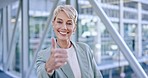 Thumbs up, happy and face of business woman in office with hand gesture for success, support and approval. Corporate, professional and portrait of female person with emoji for agreement, yes and okay