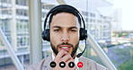 Customer service, face or businessman on video call consulting on mic headset in office communication. CRM virtual assistant, ux pov or portrait of consultant speaking, listening or talking online 