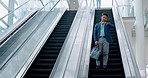 Time check, businessman and on an escalator at work, late for appointment or reading notification. Morning, corporate and an Asian man on a lift in an office building with a watch for a timer