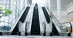 Escalator, morning and business people travel to work ready for corporate company tradeshow convention. Airport, happy and employees at an international destination, lobby or terminal for a trip