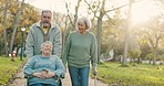 Park, group and elderly friends on a walk for fresh air, exercise or wellness together in nature. Conversation, health and senior people in retirement in an outdoor garden with wheelchair and crutch.