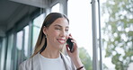 Hallway, professional and woman with talking on cellphone for communication at company. Networking, professional person and walking with technology for conversation about business with accountant.