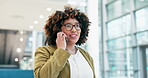 Business woman, phone call and walking in office with network for communication. Happy, smartphone and young female entrepreneur talking to a contact for negotiation, conversation and networking