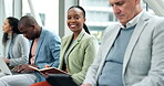 Business people, portrait and group in a row in an office for corporate meeting, interview or conference. Diversity, research and happy employees or men and women on chairs at convention building