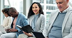 Face, woman and waiting room with notebook planning, recruitment schedule or job search notes. Happy and diversity people with Human Resources, tech and journal for opportunity or interview in lobby