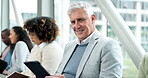Business people, tablet and happy portrait in an office for corporate meeting, interview or conference. Diversity, research and employees or men and women group on chairs at convention building