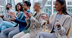 Celebrate, board row and business people applause, celebration and smile for achievement, seminar or presentation. Conference audience, winner praise and meeting group clap for sales pitch success