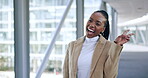 Face, peace sign and excited black woman in office for business in corporate company. African professional, portrait and v hands for emoji, success and lawyer walking with victory, smile and happy