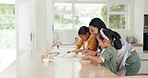 Family, fun and mother teaching children how to, baking and bonding in a kitchen at home. Love, learning and mom with girl kids in their house for bread, dough and cooking while playing together