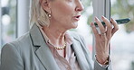 Business woman, face and talking with speaker, phone call and voice note of sound in office. Closeup of happy executive manager, mobile communication or microphone for audio, consulting or speech app