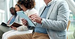 Business people, hands and tablet in waiting room for interview, opportunity and networking in queue. Men, women and ready for recruitment, onboarding and preparation with research, line and chair