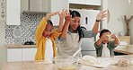 Baking, playing and mother teaching children, games and bonding in a kitchen at home. Love, learning and mom with girl kids in their house for bread, dough and cooking, prepare or help with cookies