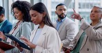 Business people, audience and presentation questions, feedback and information at conference or seminar. Professional clients, boss or corporate women and men listen, talking and meeting ideas or FAQ