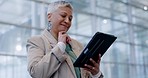 Tablet, business and senior woman in office online for social media, online report and planning. Thinking, corporate worker and female person on digital tech for project ideas, website and research