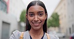 City, business and portrait of Indian woman with crossed arms for career, job and morning commute. Corporate, professional and portrait of female person with ambition, pride and confidence in town