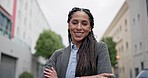 City, business and portrait of woman with crossed arms for career, job and morning commute. Corporate, professional travel and portrait of female person with ambition, pride and confidence in town