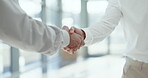 Business people, office and shaking hands for deal, HR partnership and collaboration. Closeup, teamwork and handshake for success, support and b2b networking with trust, hiring and hello for meeting
