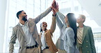 Business people, high five and applause for teamwork, support and collaboration or goals, success and celebration. Circle, hands together and mission with happy group and men and women for motivation