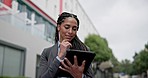 Business woman, tablet and thinking in city for social media, website or typing on app. Technology, happy and African person with idea for email, internet search or networking for remote work outdoor