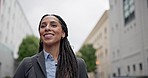 Happy, confidence and businesswoman walking in the city to her work building in the morning. Happiness, smile and professional young female lawyer commuting and exploring in an urban town street.