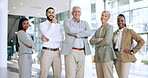 Diversity, professional and group with arms crossed in portrait with leader for success at office. Business, people and happy face with confident or positive for collaboration with vision in career.