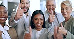 Business people, thumbs up and face for success, teamwork celebration and like, winner goals or thank you. Corporate, internship diversity and executive support, yes and ok emoji with group portrait