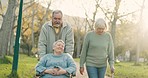 Nature, healthcare and senior people on a walk for fresh air, exercise or wellness together in park. Conversation, group and elderly friends in retirement in outdoor garden with wheelchair and crutch