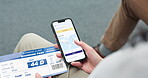 Phone, screen and hand with ticket for travel in airport or boarding pass, documents and search online for trip information. Person, mobile app and ux on cellphone for flight, time or schedule