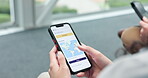 Hands, app and phone screen with map for travel, transportation or navigation. Mobile, location and person with application for taxi, journey and destination choice for vacation, holiday or direction