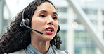 Talking, technical support and a woman in a call center with a headset for communication and advice. Help, consulting and a customer service employee speaking for telemarketing or online sales