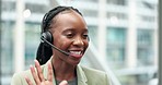 Smile, call center and black woman talking for telemarketing, support and contact us for help. Customer service, happy and sales agent, professional or consultant speaking, communication and crm chat