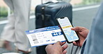 Phone, screen and hand with ticket for travel in airport or boarding pass, documents and search online for trip information. Person, mobile app and ux on cellphone for flight, time or schedule
