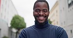 City, business and face of black man with crossed arms for career, job and morning commute. Corporate, professional travel and portrait of male person with ambition, pride and confident in urban town