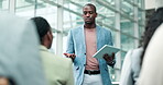 Business people, audience and presentation on tablet for workshop, career training and speaker with proposal. Speaking, marketing ideas and professional clients listening to man on digital technology