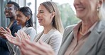 Happy business people, woman and applause in seminar of team, audience and feedback of success, support or praise. Face, employees and crowd clapping to celebrate winner, workshop or conference award