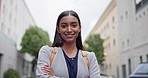 City, business and face of Indian woman with crossed arms for career, job and commute or travel. Corporate, professional and portrait of female person with ambition, pride and confidence in town