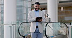 Tablet, man smile and consultant in office lobby for business research, social media or busy typing email. Digital technology, happy and professional on internet app, website or scroll for networking