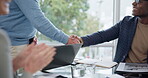 Applause, happy business people and handshake in meeting for celebration, b2b deal and winning promotion. Black man shaking hands for partnership, clapping and support of success, team goals or bonus